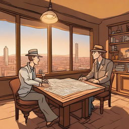 A cartoon-style archaeologist is sitting at a table in a luxurious penthouse, being interviewed