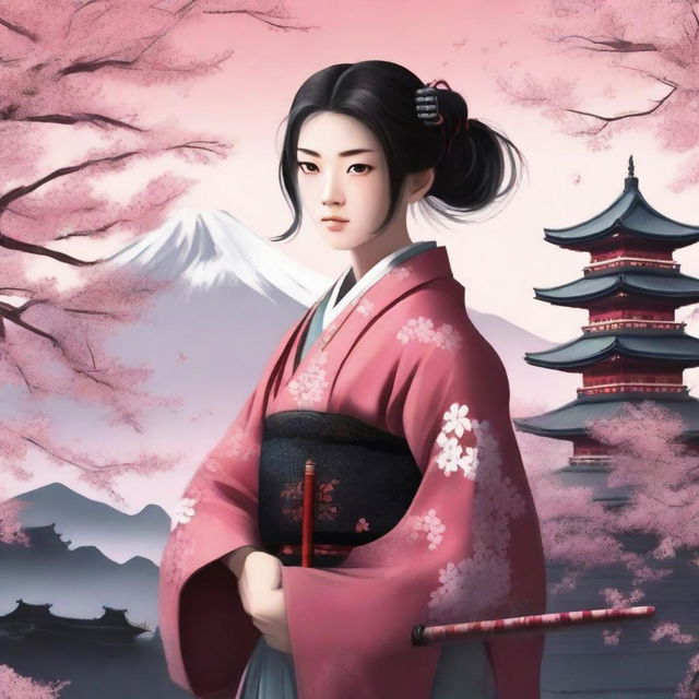 A captivating book cover for a story about a young samurai girl