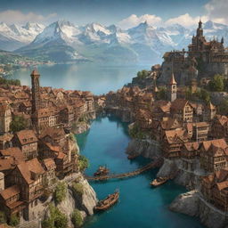 A steampunk-themed representation of Switzerland, featuring Zurich in a fusion of gothic and industrial aesthetics, the Swiss Alps dotted with aged, copper ski lifts, and Lake Geneva animated with mechanical sea life.