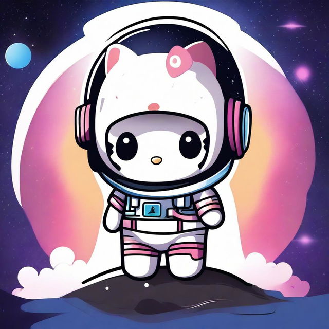 A cute Hello Kitty character wearing an astronaut suit inspired by the Mass Effect video game series