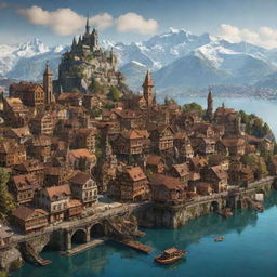 A steampunk-themed representation of Switzerland, featuring Zurich in a fusion of gothic and industrial aesthetics, the Swiss Alps dotted with aged, copper ski lifts, and Lake Geneva animated with mechanical sea life.