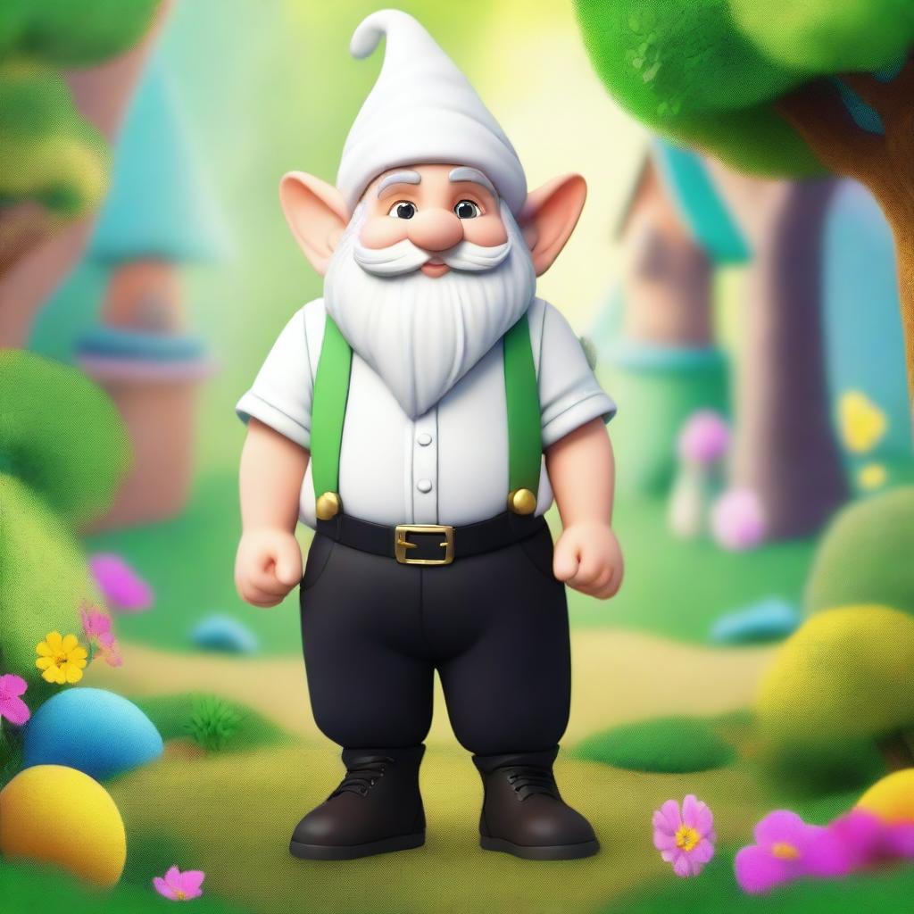 A fairly young Gnome with an impressive beard, wearing a white shirt and tight black trousers held up with green suspenders