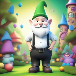 A fairly young Gnome with an impressive beard, wearing a white shirt and tight black trousers held up with green suspenders