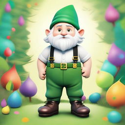 A fairly young Gnome with an impressive beard, wearing a white shirt and tight black trousers held up with green suspenders