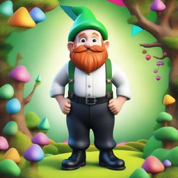 A fairly young Gnome with an impressive beard, wearing a white shirt and tight black trousers held up with green suspenders