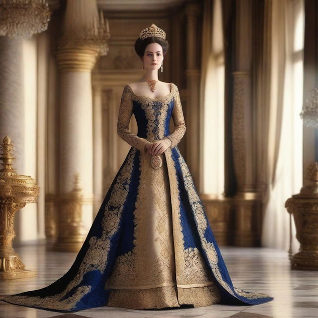 A noble lady with a regal appearance and a well-proportioned figure, dressed in elegant royal attire