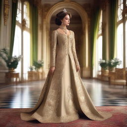 A noble lady with a regal appearance and a well-proportioned figure, dressed in elegant royal attire