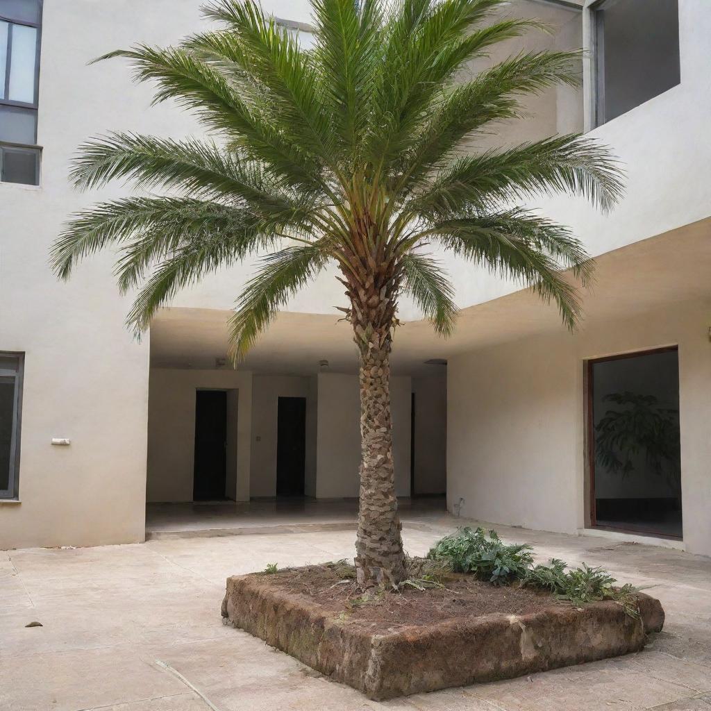 A palm tree thriving from the ground floor to the second floor, cutting through the slab in its growth.