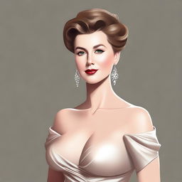 A woman with a full bust, depicted tastefully and respectfully