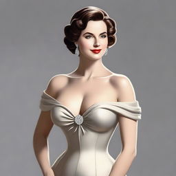 A woman with a full bust, depicted tastefully and respectfully