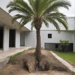 A palm tree thriving from the ground floor to the second floor, cutting through the slab in its growth.