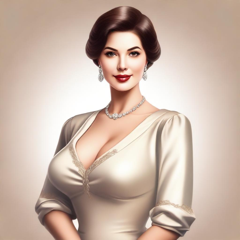 A woman with a large bust, depicted in a tasteful and respectful manner