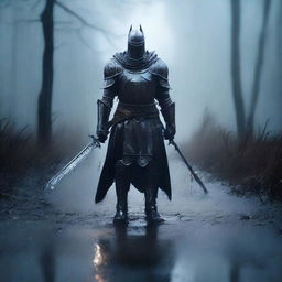 A ghostly knight clad in ethereal armor stands in the rain on a muddy road