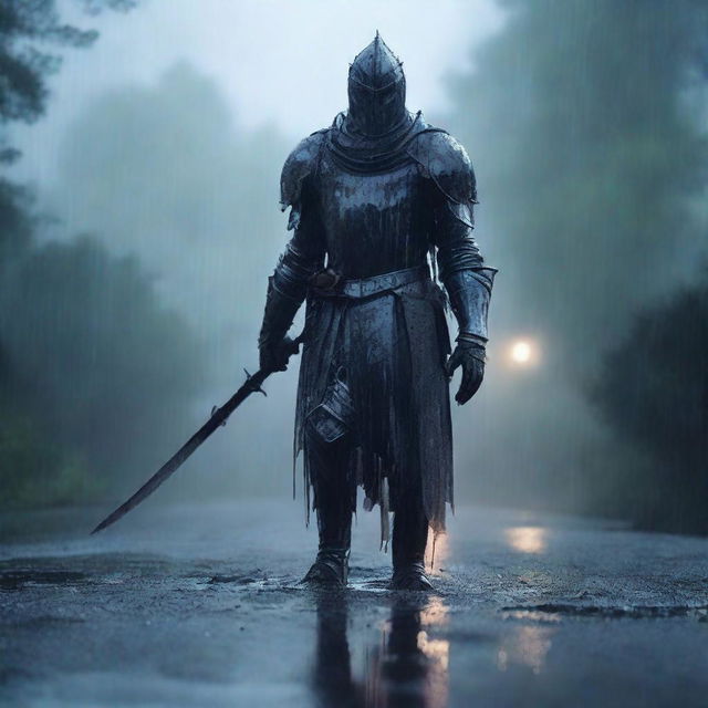 A ghostly knight clad in ethereal armor stands in the rain on a muddy road