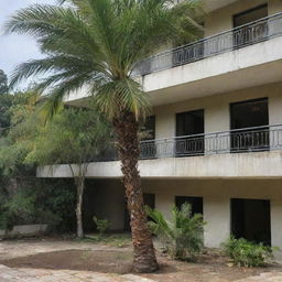 A palm tree thriving from the ground floor to the second floor, cutting through the slab in its growth.