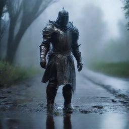 A ghostly knight clad in ethereal armor stands in the rain on a muddy road