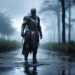 A ghostly knight clad in ethereal armor stands in the rain on a muddy road