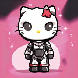 A cute Hello Kitty character wearing an N7 suit inspired by the Mass Effect video game series