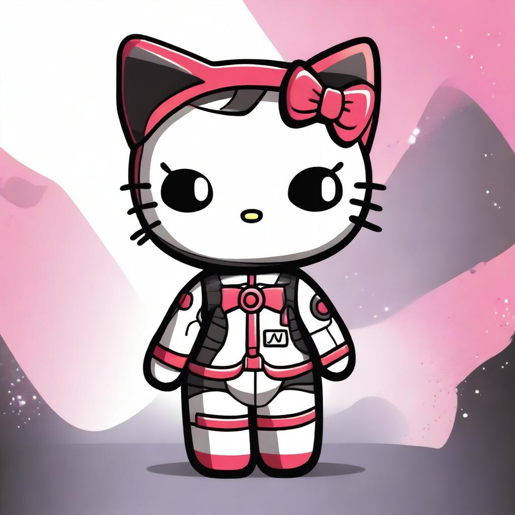 A cute Hello Kitty character wearing an N7 suit inspired by the Mass Effect video game series