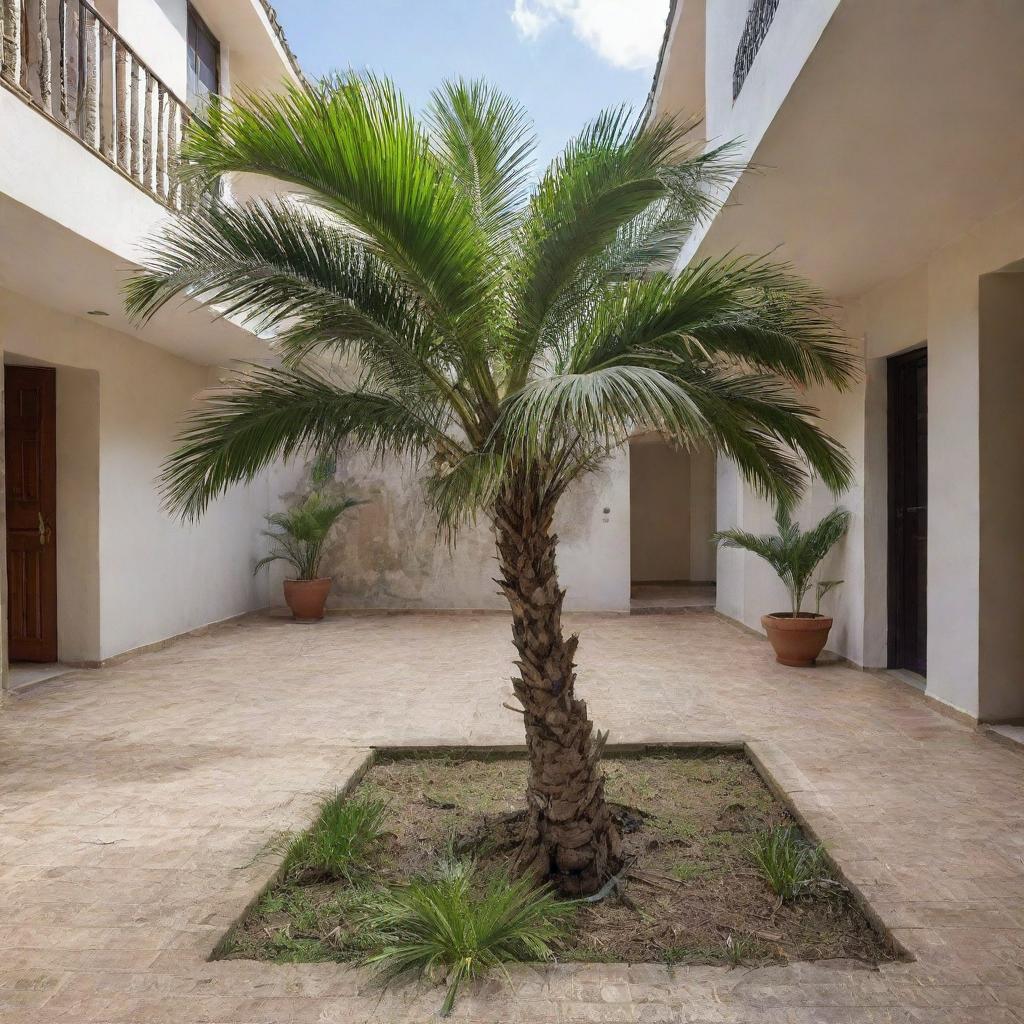 A palm tree thriving from the ground floor to the second floor, cutting through the slab in its growth.