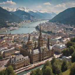 An interpretation of Austria visualized through a steampunk lens, showcasing Vienna's architectural marvels as bronze-infused constructs, alpine landscapes dotted with steam-driven ski lifts, and the Danube River bustling with steamboats.