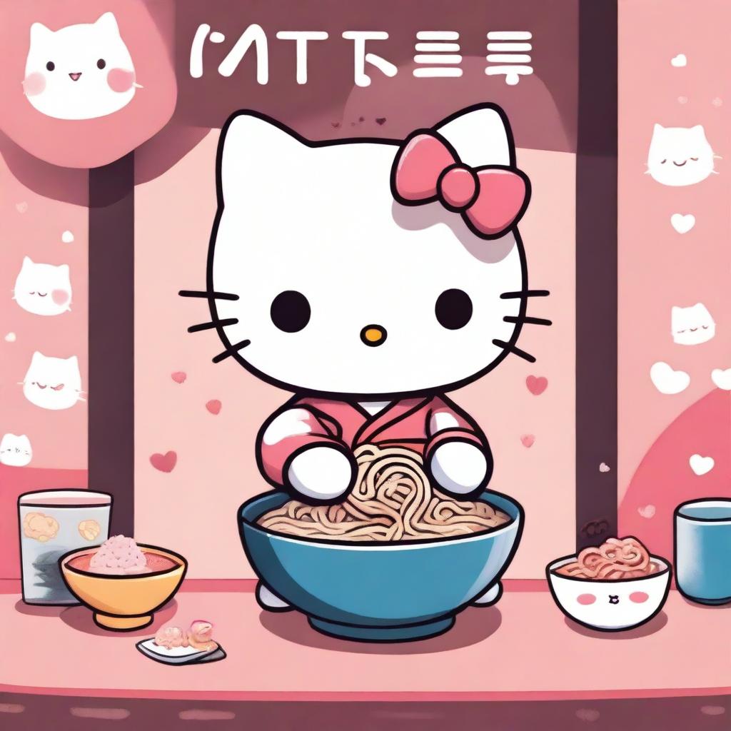 A cute Hello Kitty character sitting at a table with a bowl of steaming ramen in front of her