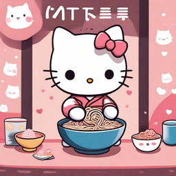 A cute Hello Kitty character sitting at a table with a bowl of steaming ramen in front of her