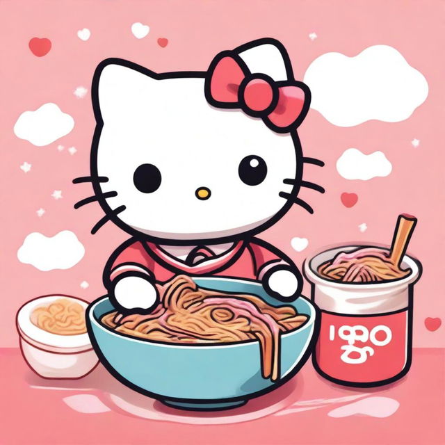 A cute Hello Kitty character sitting at a table with a bowl of steaming ramen in front of her