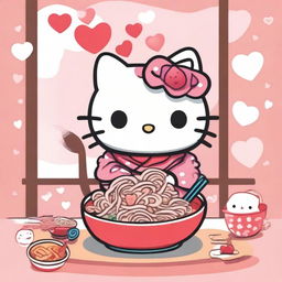 A cute Hello Kitty character sitting at a table with a bowl of steaming ramen in front of her