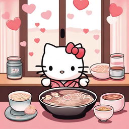 A cute Hello Kitty character sitting at a table with a bowl of steaming ramen in front of her