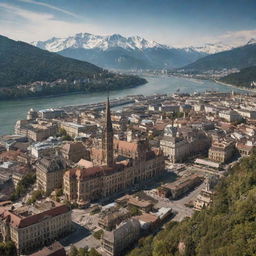 An interpretation of Austria visualized through a steampunk lens, showcasing Vienna's architectural marvels as bronze-infused constructs, alpine landscapes dotted with steam-driven ski lifts, and the Danube River bustling with steamboats.