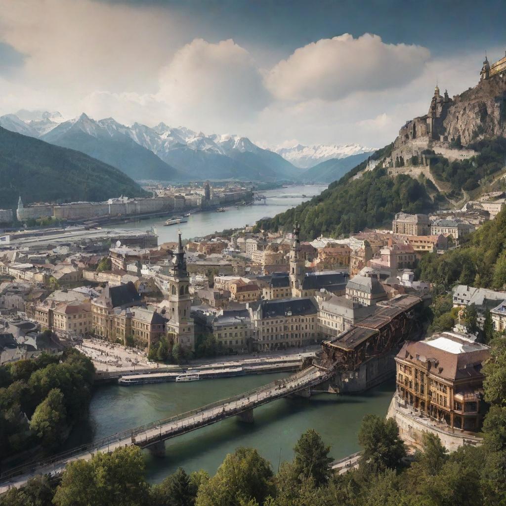 An interpretation of Austria visualized through a steampunk lens, showcasing Vienna's architectural marvels as bronze-infused constructs, alpine landscapes dotted with steam-driven ski lifts, and the Danube River bustling with steamboats.