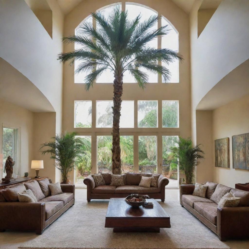 A towering palm tree standing majestically in a double-height living room,