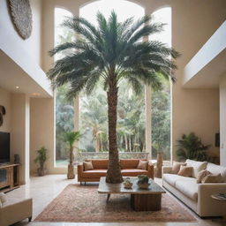 A towering palm tree standing majestically in a double-height living room,