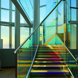 A dazzling glass staircase, catching and reflecting sunlight, creating a spectacle of multi-hued refractions.