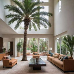 A towering palm tree standing majestically in a double-height living room,