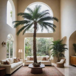 A towering palm tree standing majestically in a double-height living room,