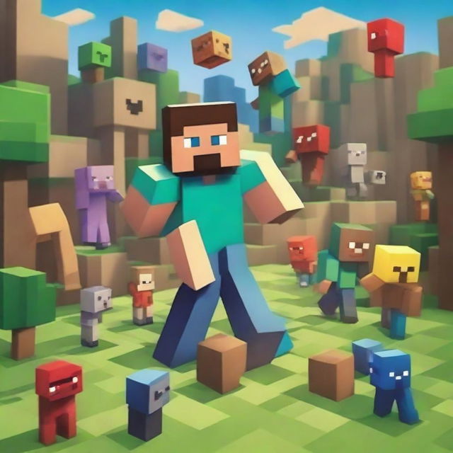 Create an image featuring characters and elements from the Minecraft universe, including iconic blocks, tools, and creatures