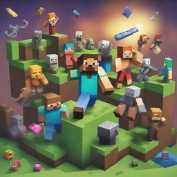 Create an image featuring characters and elements from the Minecraft universe, including iconic blocks, tools, and creatures