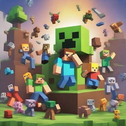 Create an image featuring characters and elements from the Minecraft universe, including iconic blocks, tools, and creatures