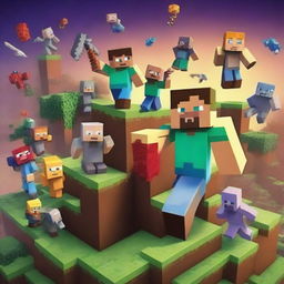 Create an image featuring characters and elements from the Minecraft universe, including iconic blocks, tools, and creatures