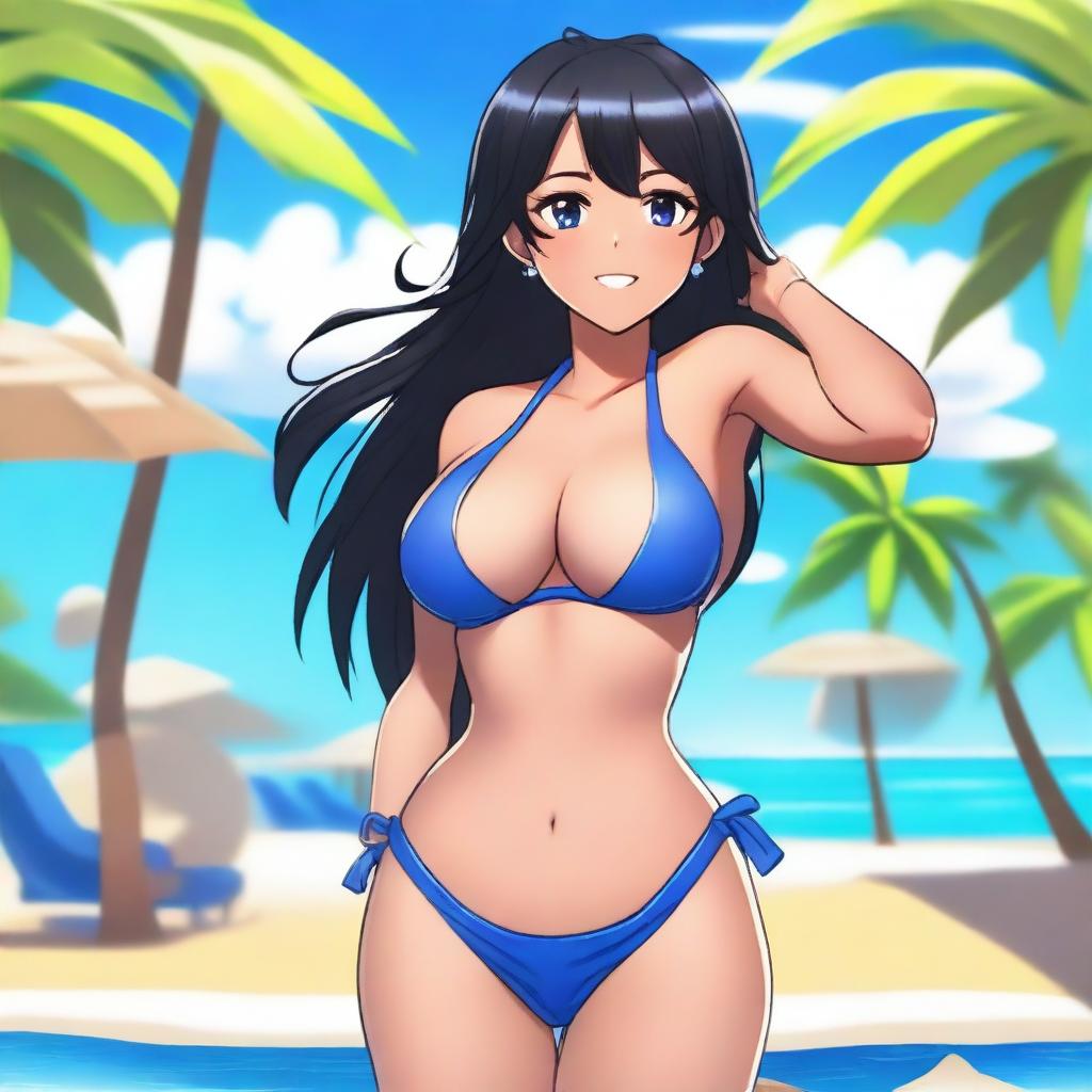 A waifu character with straight black hair, dark brown skin, wearing a blue skimpy bikini