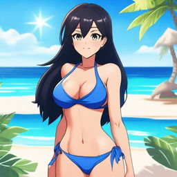 A waifu character with straight black hair, dark brown skin, wearing a blue skimpy bikini