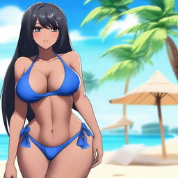 A waifu character with straight black hair, dark brown skin, wearing a blue skimpy bikini