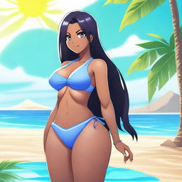 A waifu character with straight black hair, dark brown skin, wearing a blue skimpy bikini