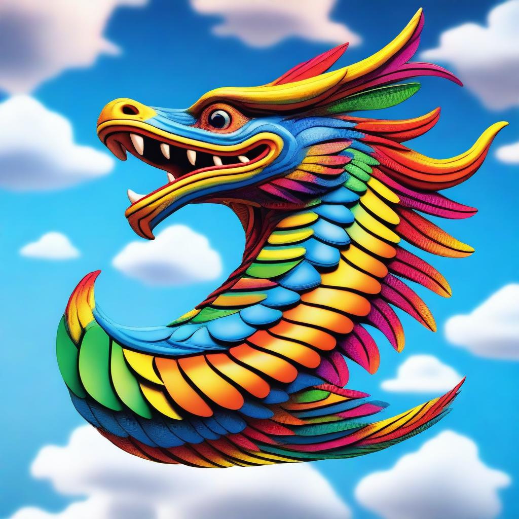 A majestic feathered serpent, known as a 'serpiente emplumada', soaring through the sky with vibrant, colorful feathers