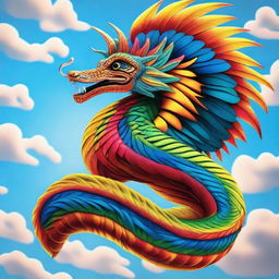 A majestic feathered serpent, known as a 'serpiente emplumada', soaring through the sky with vibrant, colorful feathers