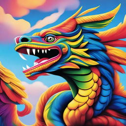 A majestic feathered serpent, known as a 'serpiente emplumada', soaring through the sky with vibrant, colorful feathers