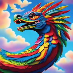 A majestic feathered serpent, known as a 'serpiente emplumada', soaring through the sky with vibrant, colorful feathers