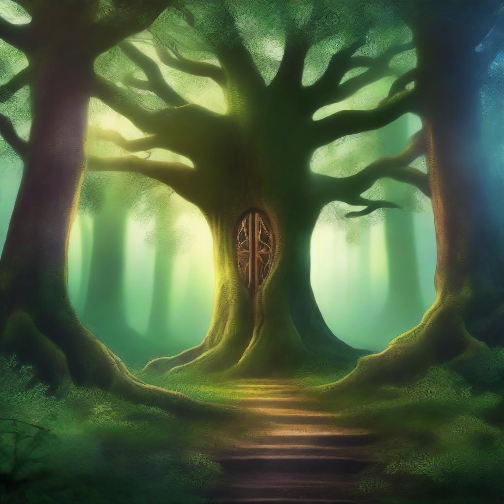 Create a captivating book cover featuring a mystical forest with towering ancient trees, a hidden path leading to a glowing portal, and a sense of magical adventure